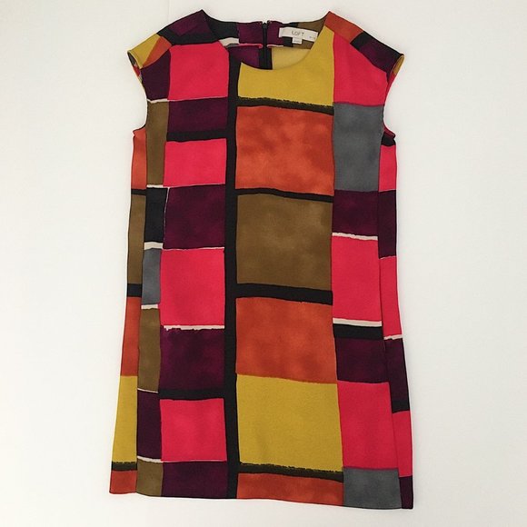 Ann Taylor LOFT Watercolor Geometric Colorblock Mondrian Print Shift Dress - Picture 3 of 8